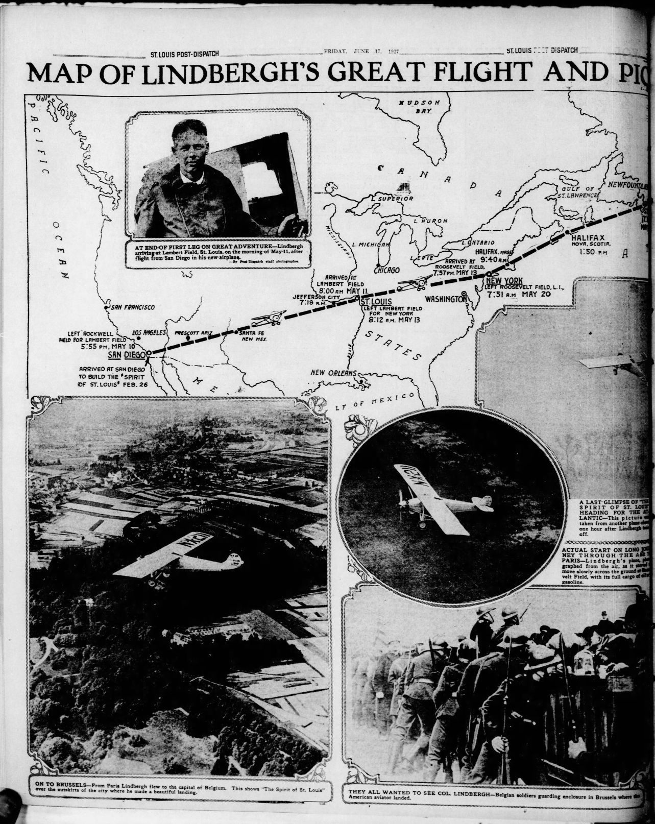 June 17, 1927 - Map of Lindbergh's Great Flight
